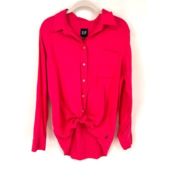 Gap Womens Linen Blend Button Front Shirt Hot Pink Size Medium Front Tie - Picture 1 of 5